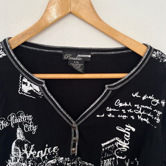 Paradisio Black White Italy Graphics V-neck Y2K style T-shirt - Picture 4 of 6